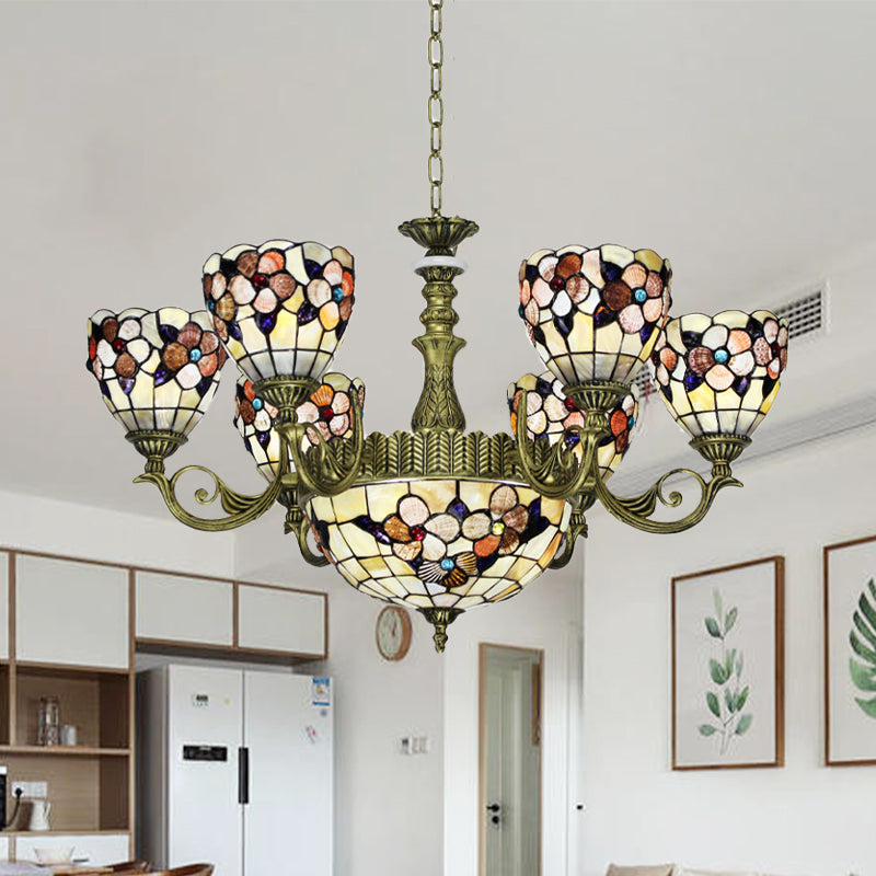 Tiffany Beige Flower Pattern Chandelier for Bedroom, 9/11 Lights, Ceiling Suspension Lamp with Bowl Shell Shade