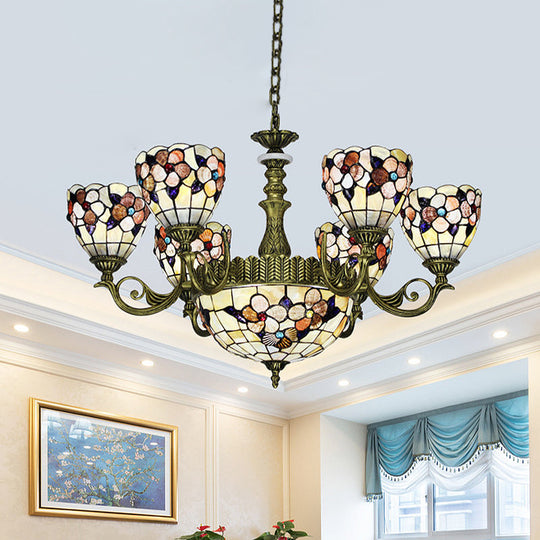 Tiffany Beige Flower Pattern Chandelier for Bedroom, 9/11 Lights, Ceiling Suspension Lamp with Bowl Shell Shade