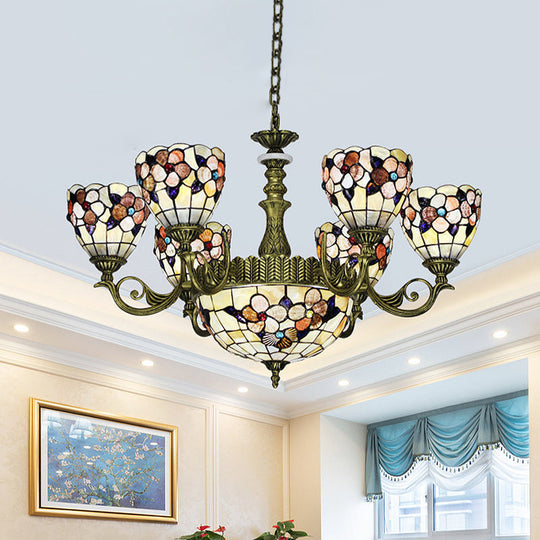 Tiffany Beige Flower Patterned Bedroom Chandelier With Bowl Shell Shade - 9/11 Lights Ceiling