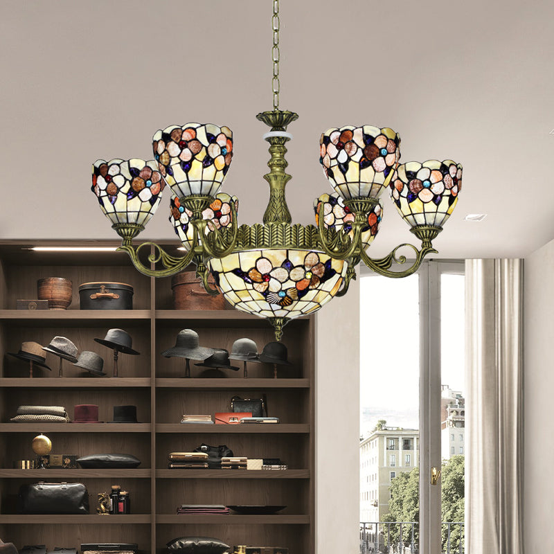 Tiffany Beige Flower Pattern Chandelier for Bedroom, 9/11 Lights, Ceiling Suspension Lamp with Bowl Shell Shade