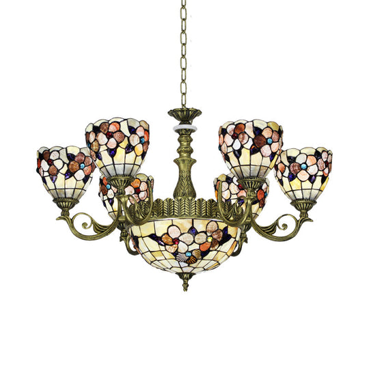 Tiffany Beige Flower Pattern Chandelier for Bedroom, 9/11 Lights, Ceiling Suspension Lamp with Bowl Shell Shade