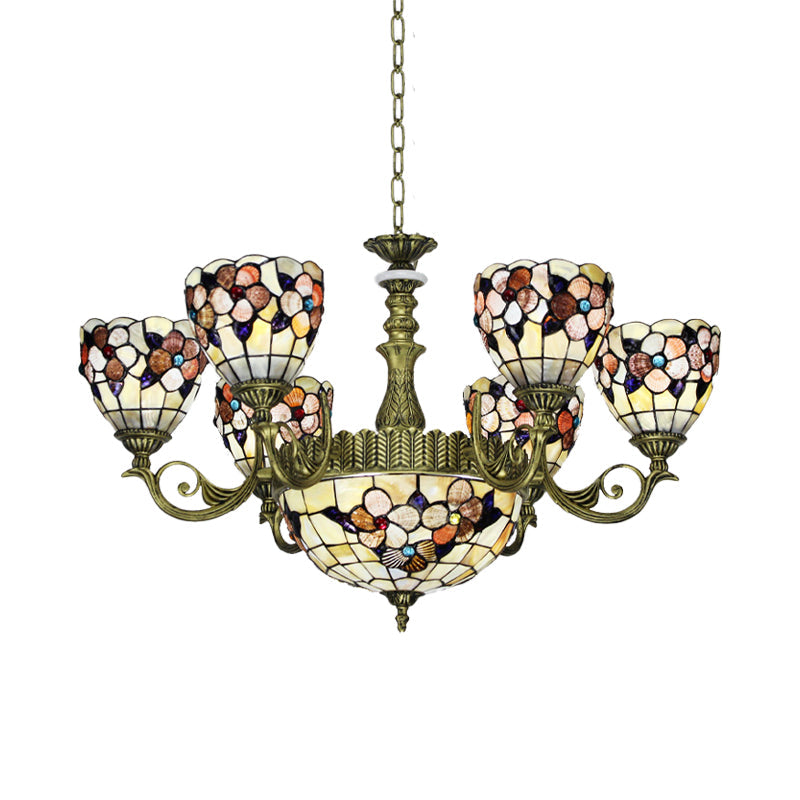 Tiffany Beige Flower Patterned Bedroom Chandelier With Bowl Shell Shade - 9/11 Lights Ceiling