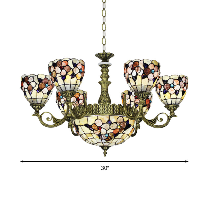 Tiffany Beige Flower Pattern Chandelier for Bedroom, 9/11 Lights, Ceiling Suspension Lamp with Bowl Shell Shade