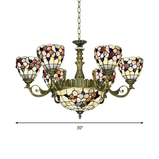 Tiffany Beige Flower Pattern Chandelier for Bedroom, 9/11 Lights, Ceiling Suspension Lamp with Bowl Shell Shade