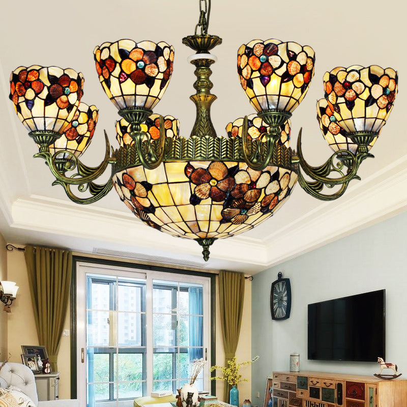 Tiffany Beige Flower Pattern Chandelier for Bedroom, 9/11 Lights, Ceiling Suspension Lamp with Bowl Shell Shade