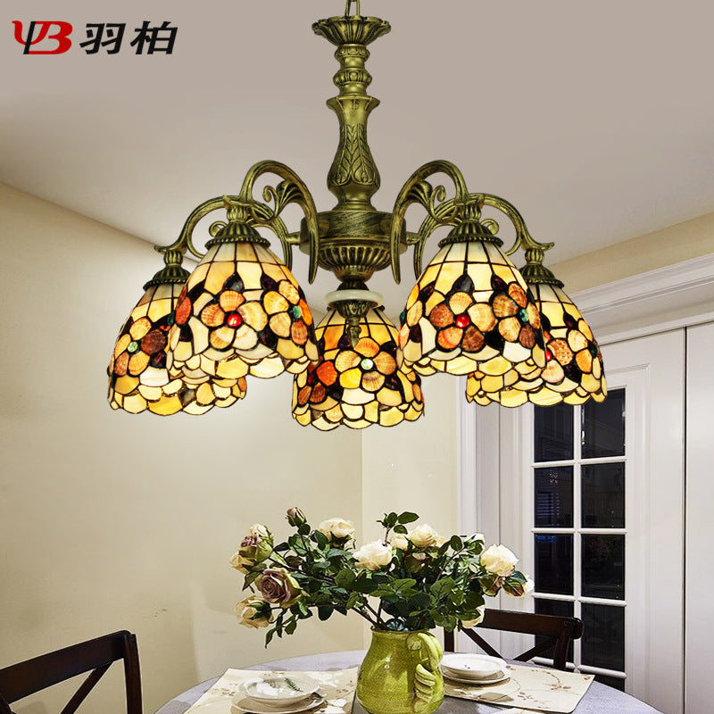 Tiffany Beige Flower Patterned Bedroom Chandelier With Bowl Shell Shade - 9/11 Lights Ceiling