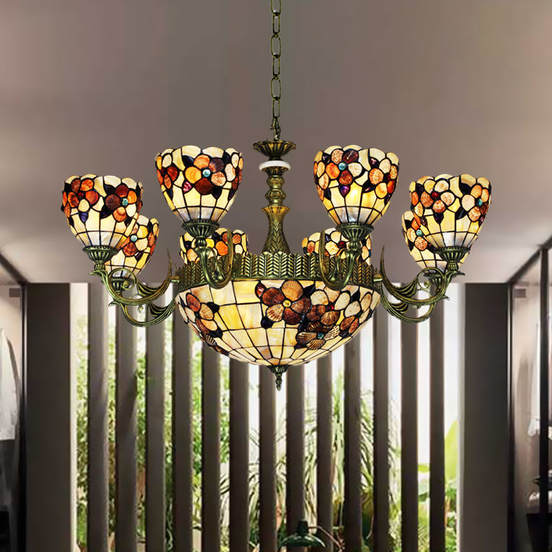 Tiffany Beige Flower Pattern Chandelier for Bedroom, 9/11 Lights, Ceiling Suspension Lamp with Bowl Shell Shade