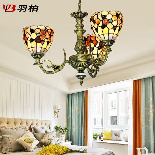 Tiffany Beige Flower Pattern Chandelier for Bedroom, 9/11 Lights, Ceiling Suspension Lamp with Bowl Shell Shade