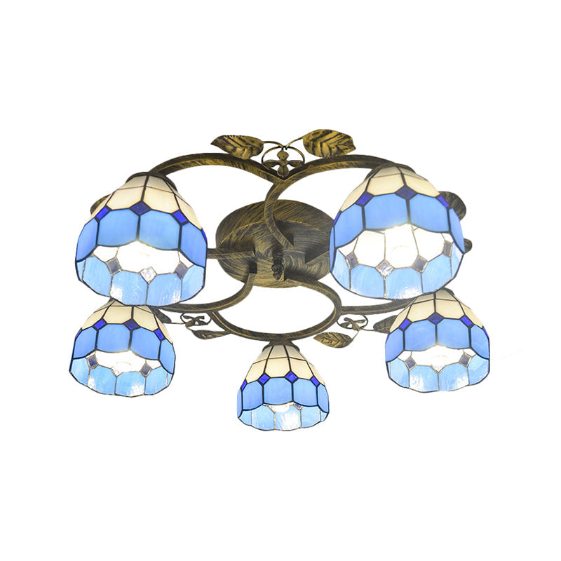 Tiffany Art Glass Ceiling Lamp - Lattice Domed Ceiling Mount Light (5/9 Lights) in Blue/Sky Blue for Cloth Shop