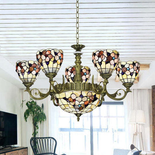 Tiffany Beige Flower Pattern Chandelier for Bedroom, 9/11 Lights, Ceiling Suspension Lamp with Bowl Shell Shade