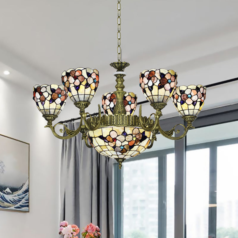 Tiffany Beige Flower Pattern Chandelier for Bedroom, 9/11 Lights, Ceiling Suspension Lamp with Bowl Shell Shade