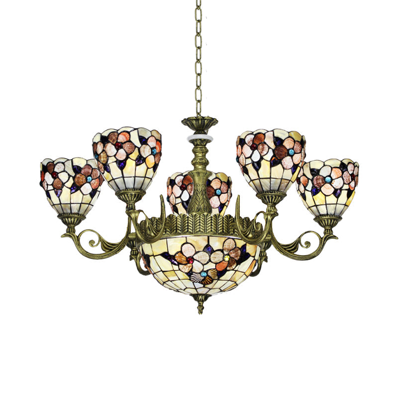 Tiffany Beige Flower Pattern Chandelier for Bedroom, 9/11 Lights, Ceiling Suspension Lamp with Bowl Shell Shade