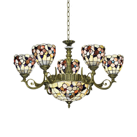 Tiffany Beige Flower Pattern Chandelier for Bedroom, 9/11 Lights, Ceiling Suspension Lamp with Bowl Shell Shade