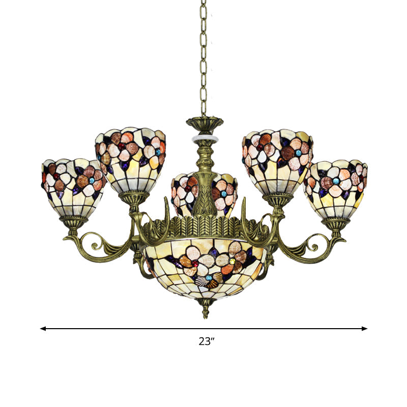 Tiffany Beige Flower Pattern Chandelier for Bedroom, 9/11 Lights, Ceiling Suspension Lamp with Bowl Shell Shade