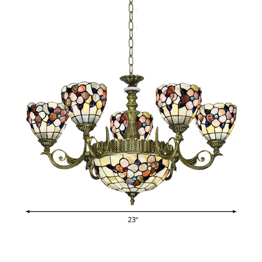 Tiffany Beige Flower Pattern Chandelier for Bedroom, 9/11 Lights, Ceiling Suspension Lamp with Bowl Shell Shade