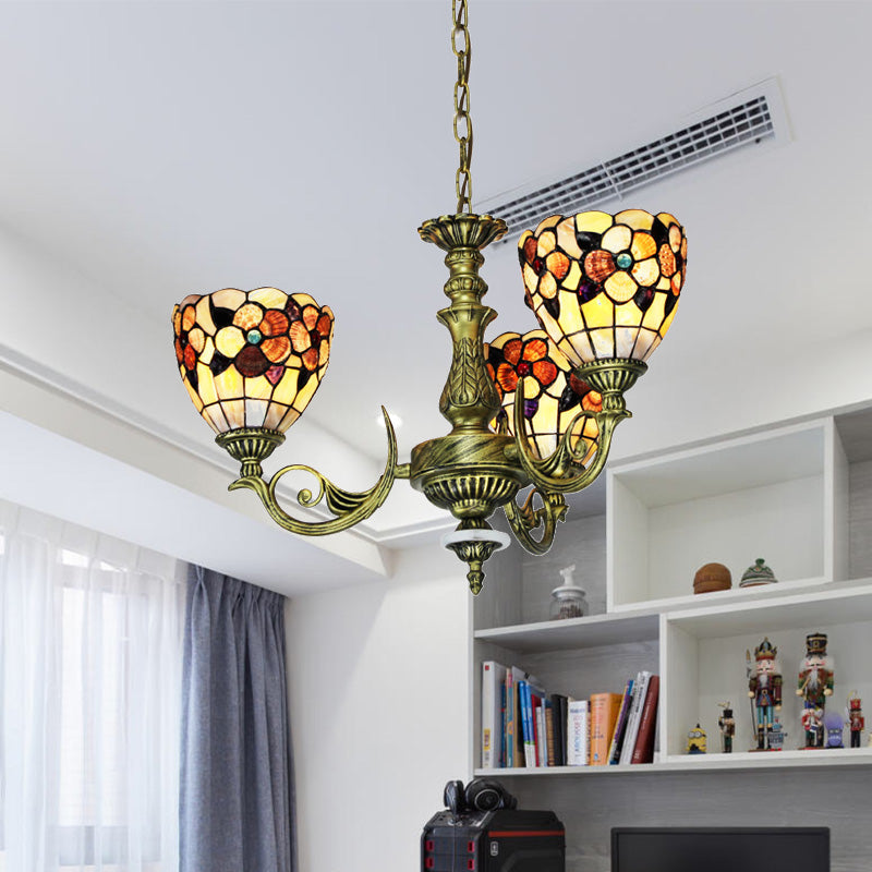 Tiffany Beige Flower Pattern Chandelier for Bedroom, 9/11 Lights, Ceiling Suspension Lamp with Bowl Shell Shade