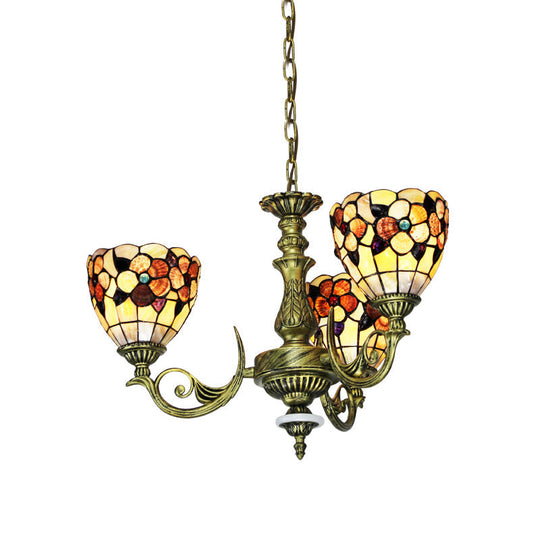 Tiffany Beige Flower Pattern Chandelier for Bedroom, 9/11 Lights, Ceiling Suspension Lamp with Bowl Shell Shade