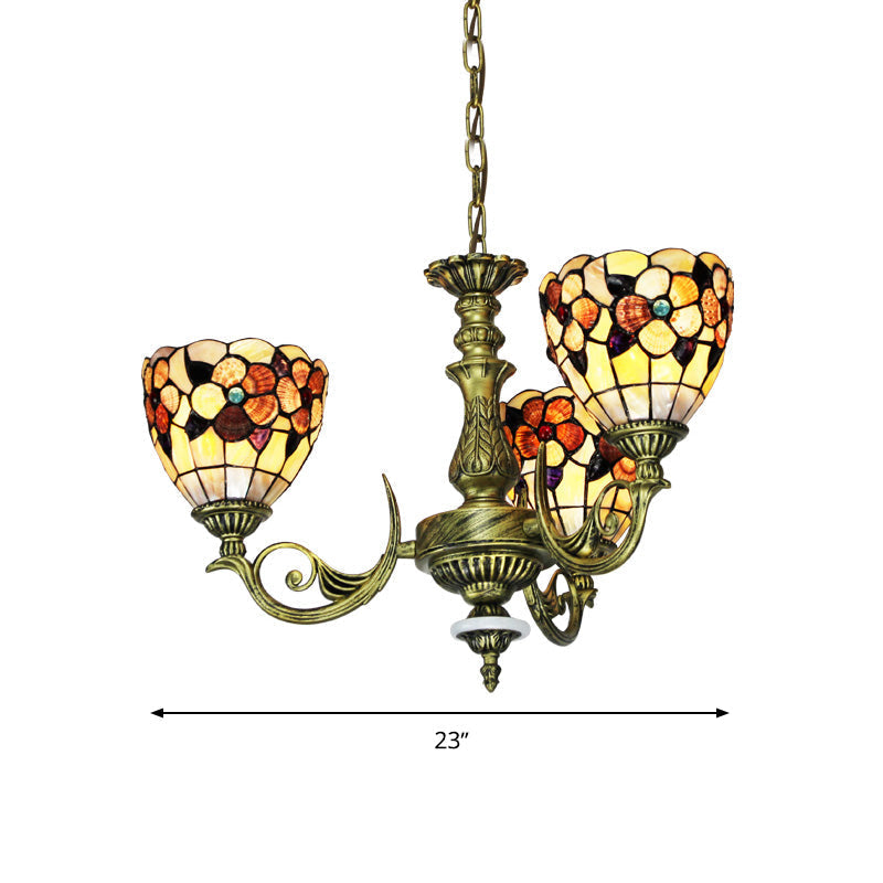 Tiffany Beige Flower Pattern Chandelier for Bedroom, 9/11 Lights, Ceiling Suspension Lamp with Bowl Shell Shade