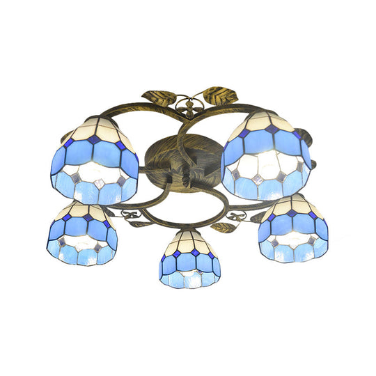 Tiffany Art Glass Ceiling Lamp - Lattice Domed Mount Light (5/9 Lights) In Blue/Sky Blue For Cloth