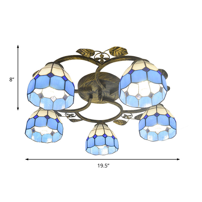 Tiffany Art Glass Ceiling Lamp - Lattice Domed Ceiling Mount Light (5/9 Lights) in Blue/Sky Blue for Cloth Shop