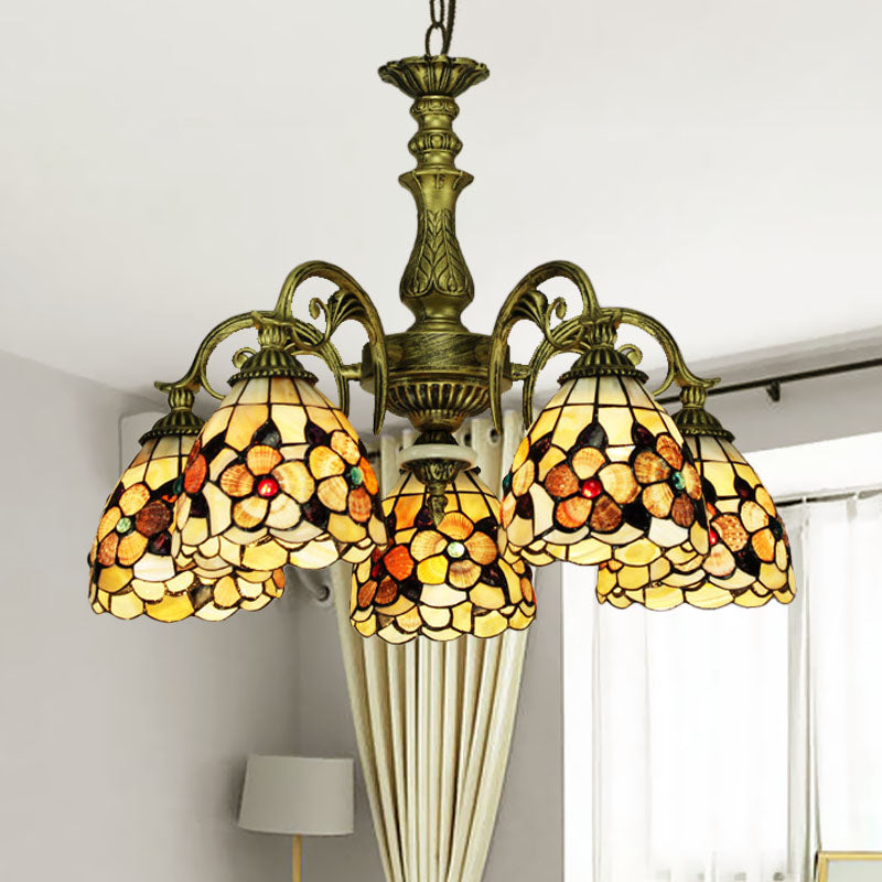 Tiffany Beige Flower Pattern Chandelier for Bedroom, 9/11 Lights, Ceiling Suspension Lamp with Bowl Shell Shade