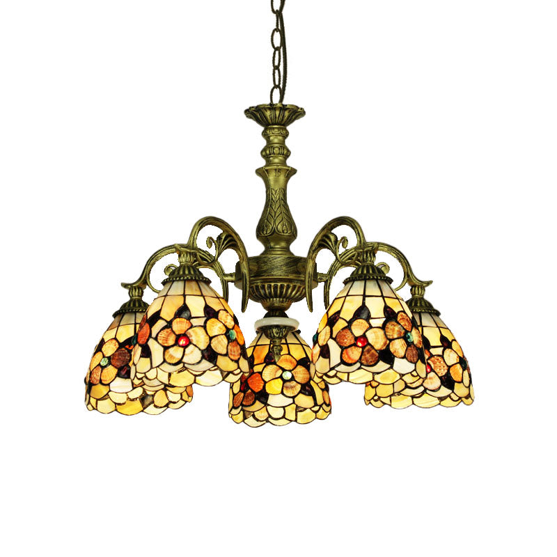 Tiffany Beige Flower Pattern Chandelier for Bedroom, 9/11 Lights, Ceiling Suspension Lamp with Bowl Shell Shade