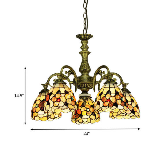 Tiffany Beige Flower Patterned Bedroom Chandelier With Bowl Shell Shade - 9/11 Lights Ceiling