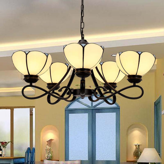 Baroque Hanging Chandelier with Scalloped Glass Shades and Curved Arm - 3/5 Lights in White, Yellow, or Beige - Suspension Lighting for Living Room