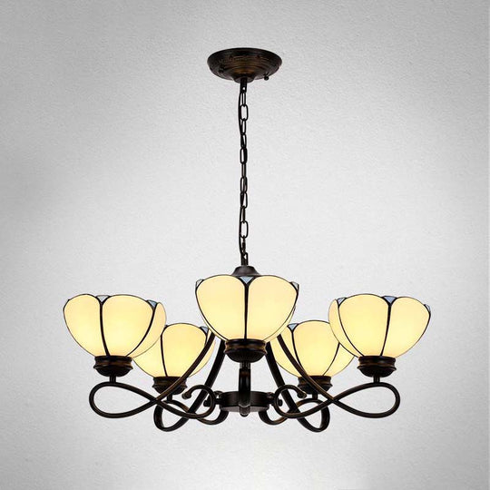 Baroque Hanging Chandelier with Scalloped Glass Shades and Curved Arm - 3/5 Lights in White, Yellow, or Beige - Suspension Lighting for Living Room