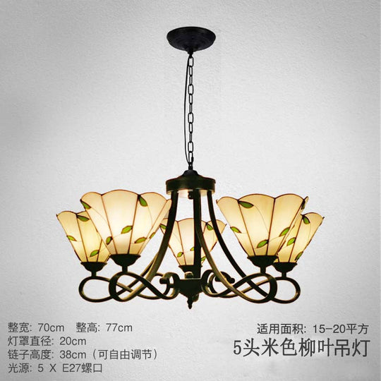 Baroque Hanging Chandelier with Scalloped Glass Shades and Curved Arm - 3/5 Lights in White, Yellow, or Beige - Suspension Lighting for Living Room