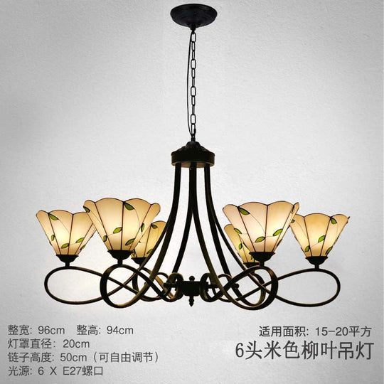 Baroque Hanging Chandelier with Scalloped Glass Shades and Curved Arm - 3/5 Lights in White, Yellow, or Beige - Suspension Lighting for Living Room