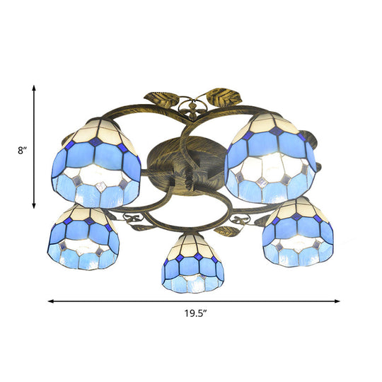 Tiffany Art Glass Ceiling Lamp - Lattice Domed Mount Light (5/9 Lights) In Blue/Sky Blue For Cloth