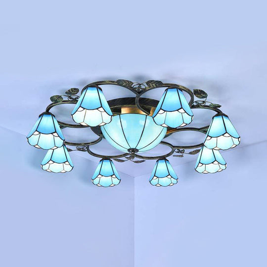 Tiffany Art Glass Ceiling Lamp - Lattice Domed Ceiling Mount Light (5/9 Lights) in Blue/Sky Blue for Cloth Shop