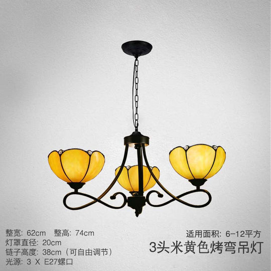 Baroque Hanging Chandelier with Scalloped Glass Shades and Curved Arm - 3/5 Lights in White, Yellow, or Beige - Suspension Lighting for Living Room