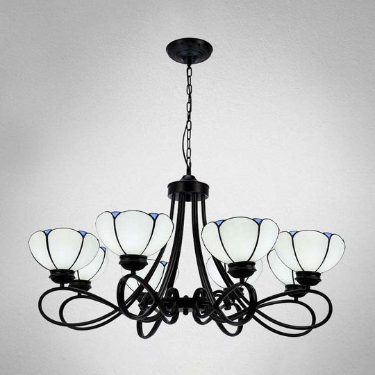 Baroque Hanging Chandelier with Scalloped Glass Shades and Curved Arm - 3/5 Lights in White, Yellow, or Beige - Suspension Lighting for Living Room