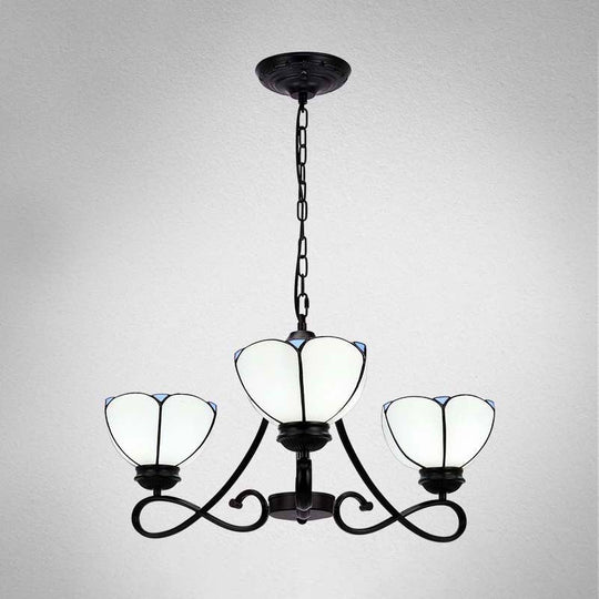 Baroque Hanging Chandelier with Scalloped Glass Shades and Curved Arm - 3/5 Lights in White, Yellow, or Beige - Suspension Lighting for Living Room