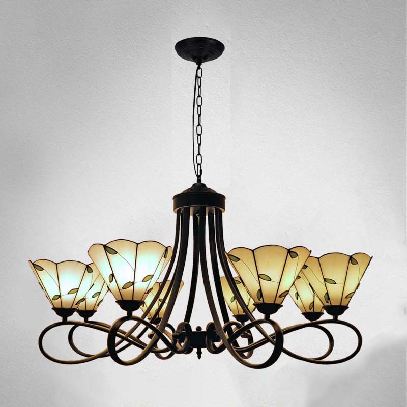 Baroque Hanging Chandelier with Scalloped Glass Shades and Curved Arm - 3/5 Lights in White, Yellow, or Beige - Suspension Lighting for Living Room