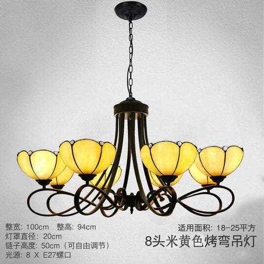 Baroque Hanging Chandelier with Scalloped Glass Shades and Curved Arm - 3/5 Lights in White, Yellow, or Beige - Suspension Lighting for Living Room