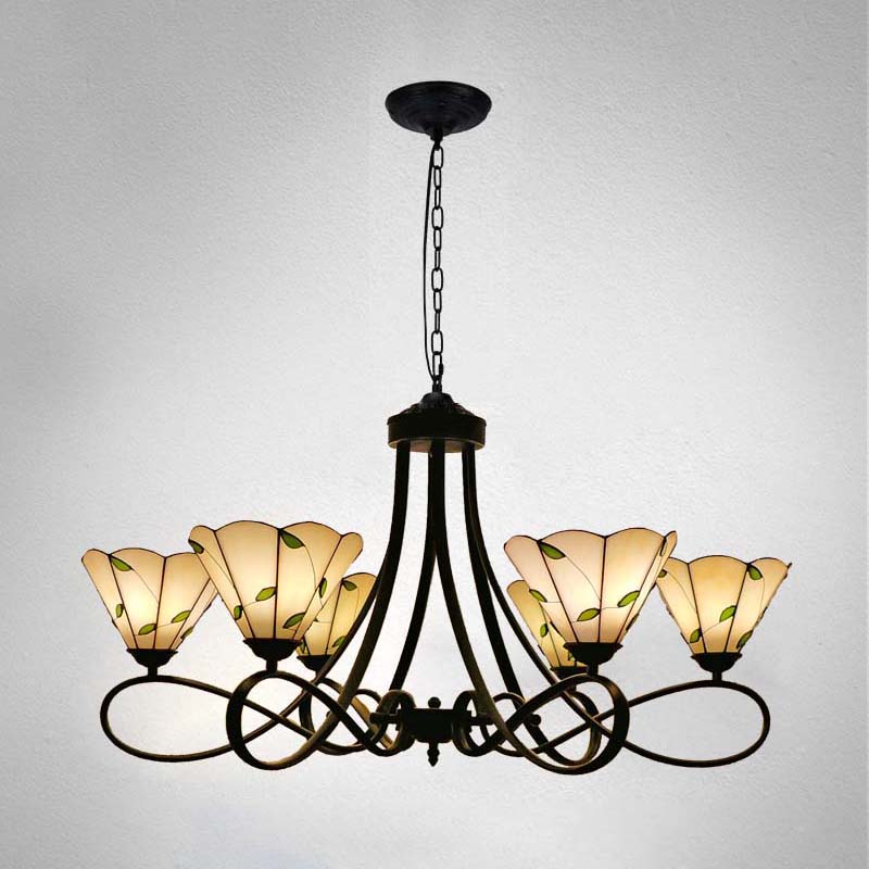 Baroque Hanging Chandelier with Scalloped Glass Shades and Curved Arm - 3/5 Lights in White, Yellow, or Beige - Suspension Lighting for Living Room