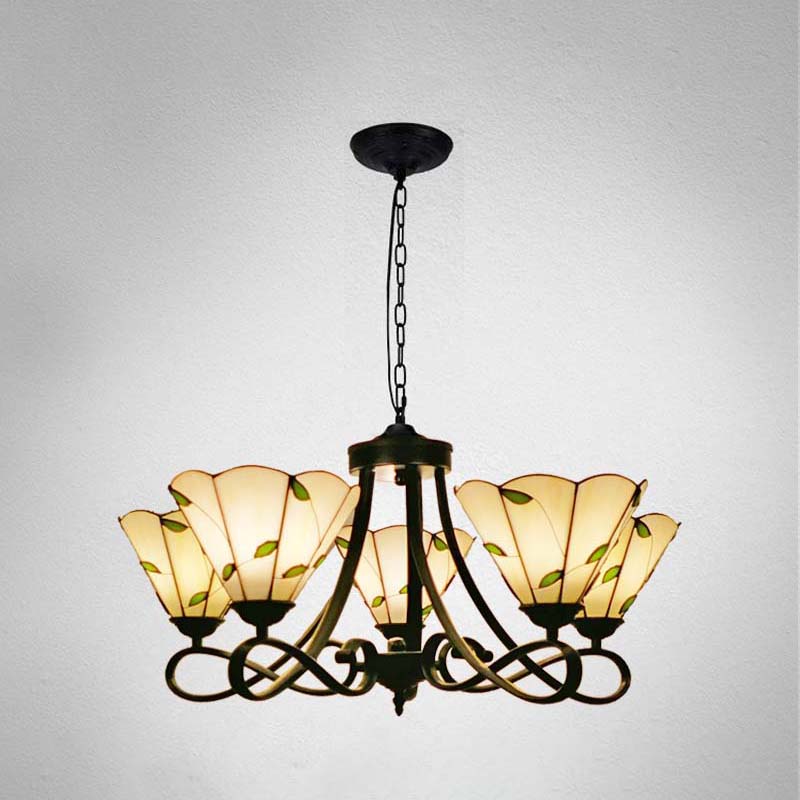 Baroque Hanging Chandelier with Scalloped Glass Shades and Curved Arm - 3/5 Lights in White, Yellow, or Beige - Suspension Lighting for Living Room