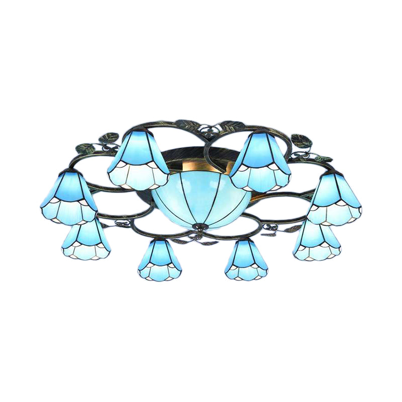 Tiffany Art Glass Ceiling Lamp - Lattice Domed Ceiling Mount Light (5/9 Lights) in Blue/Sky Blue for Cloth Shop