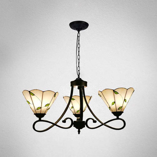 Baroque Hanging Chandelier with Scalloped Glass Shades and Curved Arm - 3/5 Lights in White, Yellow, or Beige - Suspension Lighting for Living Room