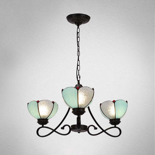 Baroque Hanging Chandelier with Scalloped Glass Shades and Curved Arm - 3/5 Lights in White, Yellow, or Beige - Suspension Lighting for Living Room