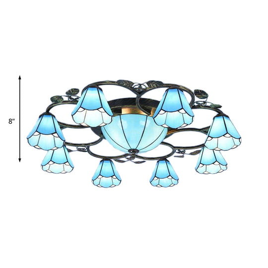 Tiffany Art Glass Ceiling Lamp - Lattice Domed Ceiling Mount Light (5/9 Lights) in Blue/Sky Blue for Cloth Shop