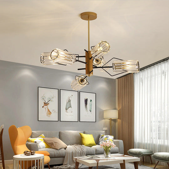 Gold Retro Crystal Chandelier With Cylinder Block Design - Pendant Lamp For Living Room Available In