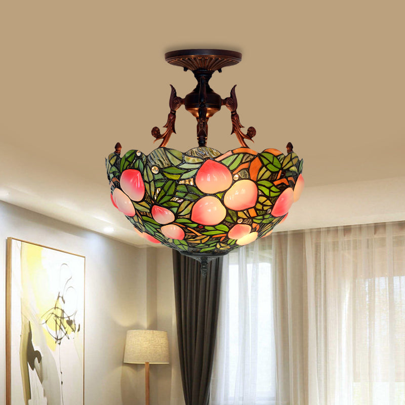 Victorian Domed Stained Glass Ceiling Lamp - 3-Head Semi Flush Light Fixture In Green/Pink With