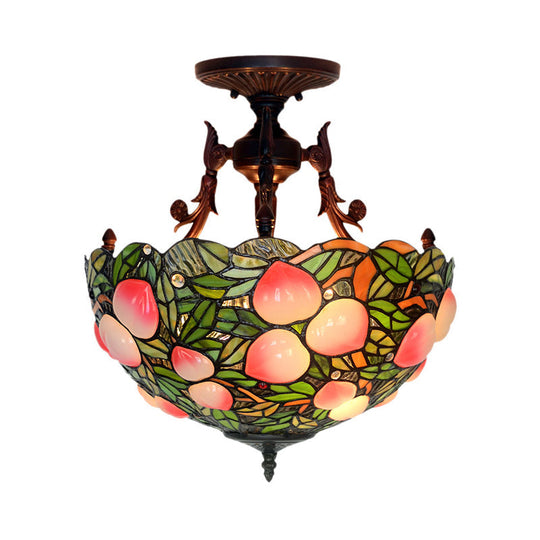 Victorian Semi Flush Stained Glass Ceiling Lamp for Bedroom - 3-Head Green/Pink Grape/Peach Pattern