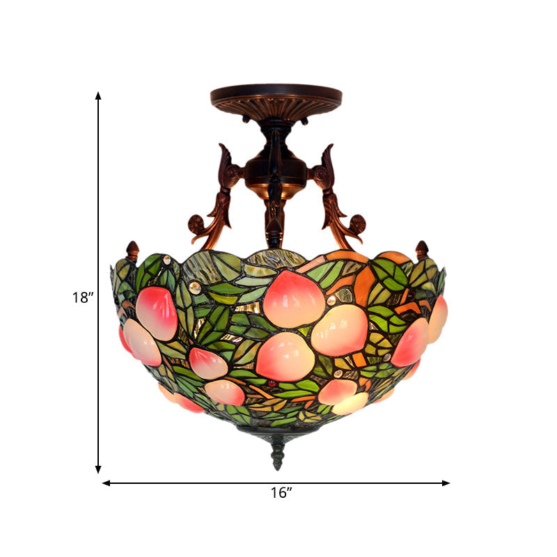 Victorian Semi Flush Stained Glass Ceiling Lamp for Bedroom - 3-Head Green/Pink Grape/Peach Pattern