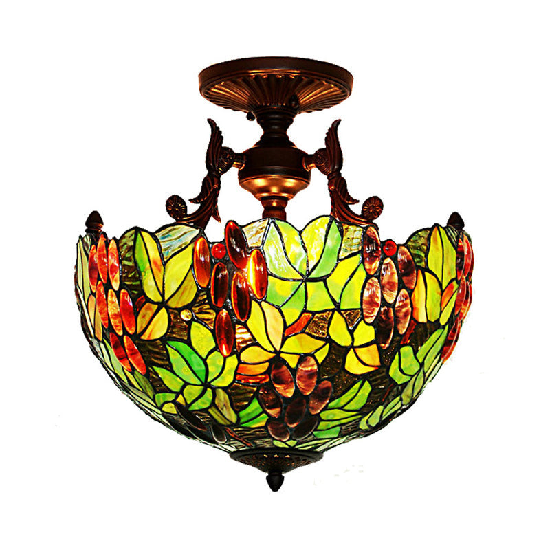 Victorian Semi Flush Stained Glass Ceiling Lamp for Bedroom - 3-Head Green/Pink Grape/Peach Pattern