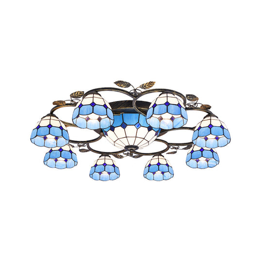 Tiffany Art Glass Ceiling Lamp - Lattice Domed Ceiling Mount Light (5/9 Lights) in Blue/Sky Blue for Cloth Shop